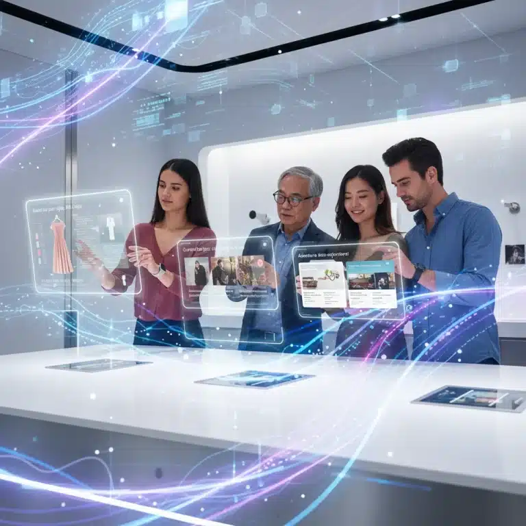 Diverse shoppers engaging with personalised e-commerce interfaces, powered by AI and data analytics.