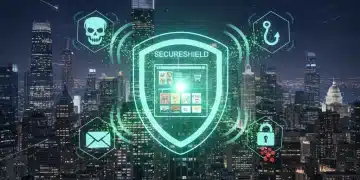Futuristic digital shield protecting e-commerce website from cyber threats, representing robust security for USA businesses in 2026.
