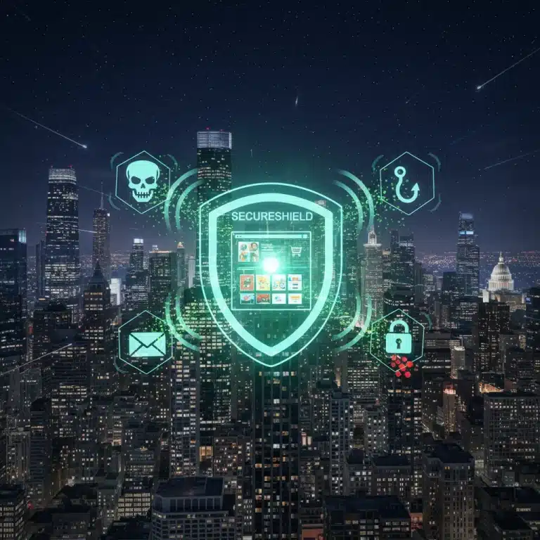 Futuristic digital shield protecting e-commerce website from cyber threats, representing robust security for USA businesses in 2026.