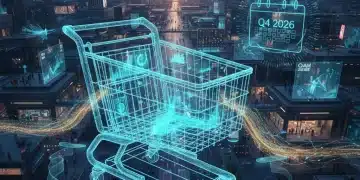 Futuristic retail landscape with data points, graphs, and a shopping cart, representing predictive analytics in e-commerce for Q4 2026 sales forecasting.