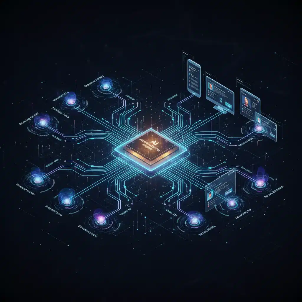 Visual representation of a sophisticated data and algorithm network powering a personalisation engine.