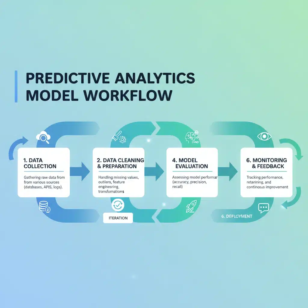 Infographic detailing the step-by-step workflow of a predictive analytics model for sales forecasting.