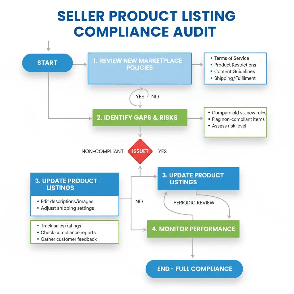 Flowchart showing steps for product listing compliance with new marketplace policies.