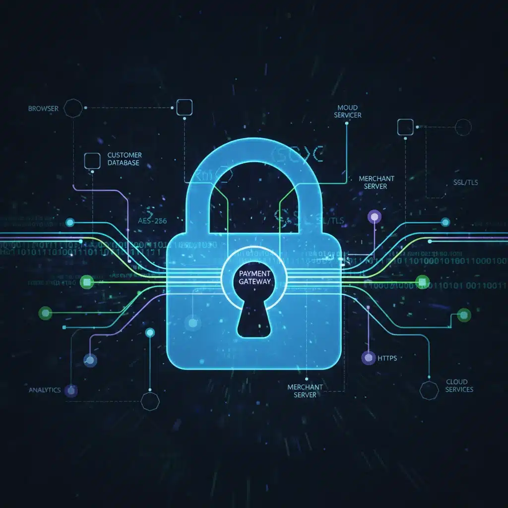 Secure data transmission with padlock and network diagram, representing encryption in e-commerce.