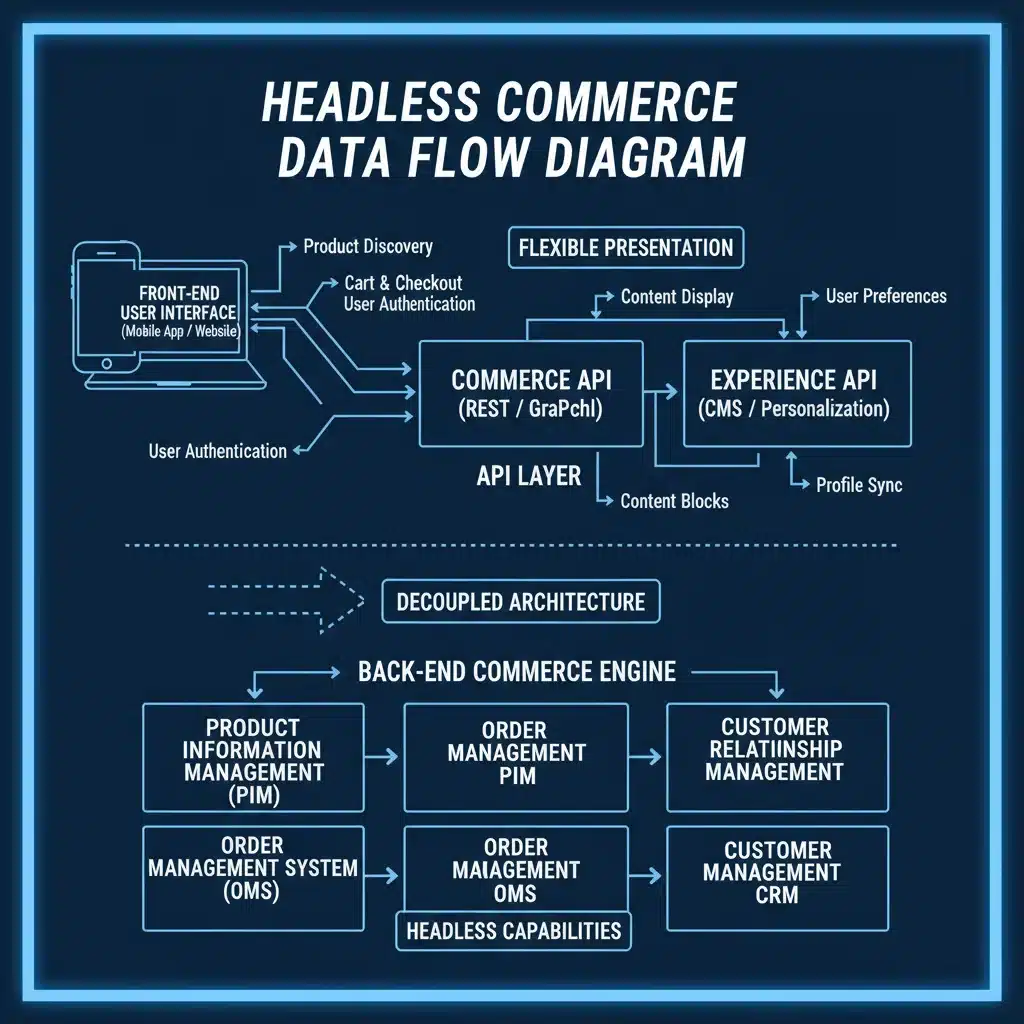 Data flow diagram showing API calls in a headless commerce architecture.