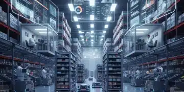 Automated robots efficiently managing inventory in a high-tech e-commerce warehouse, showcasing real-time data on screens.