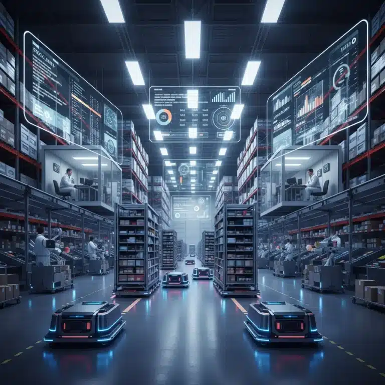 Automated robots efficiently managing inventory in a high-tech e-commerce warehouse, showcasing real-time data on screens.