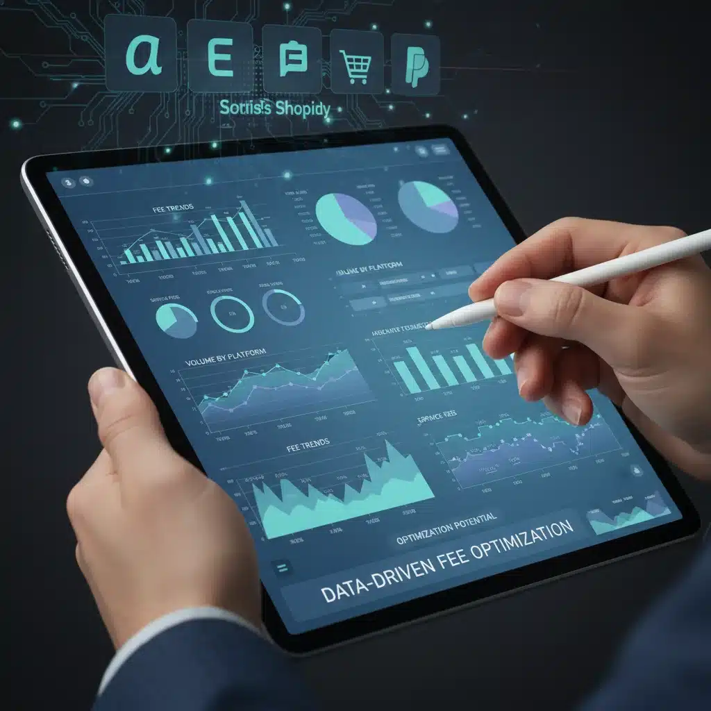 Hand analyzing data on tablet for marketplace fee optimization.