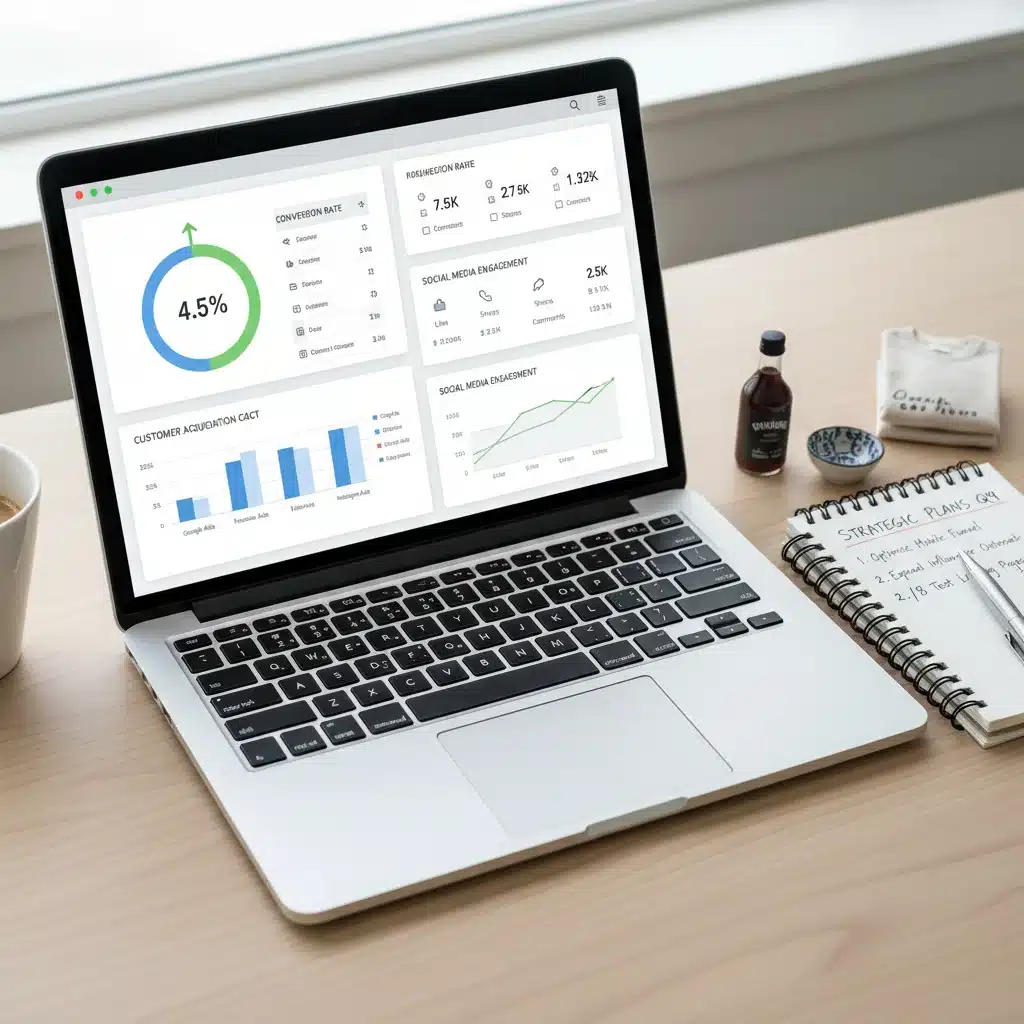 E-commerce analytics dashboard displaying conversion rates and social media metrics for strategic planning.