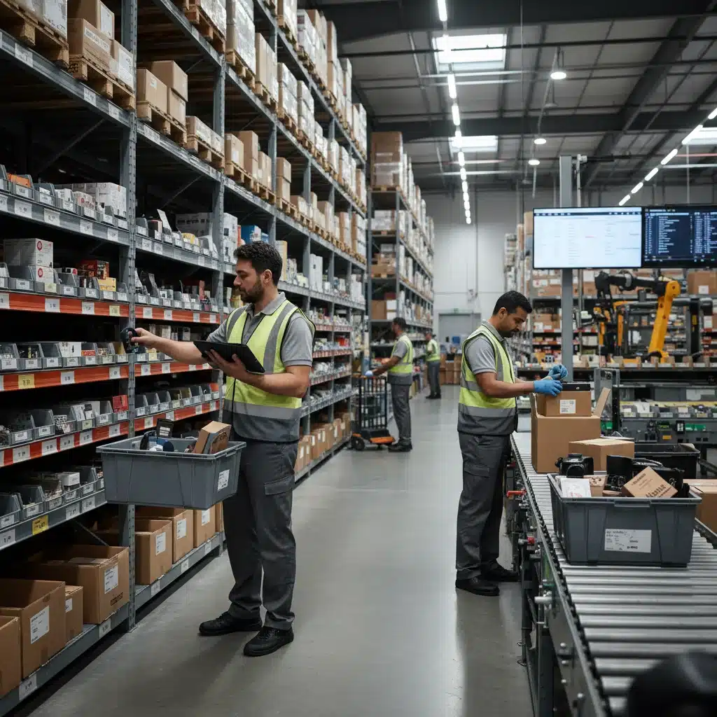 Warehouse worker fulfilling an order with multiple complementary items, symbolizing successful cross-selling logistics in e-commerce.