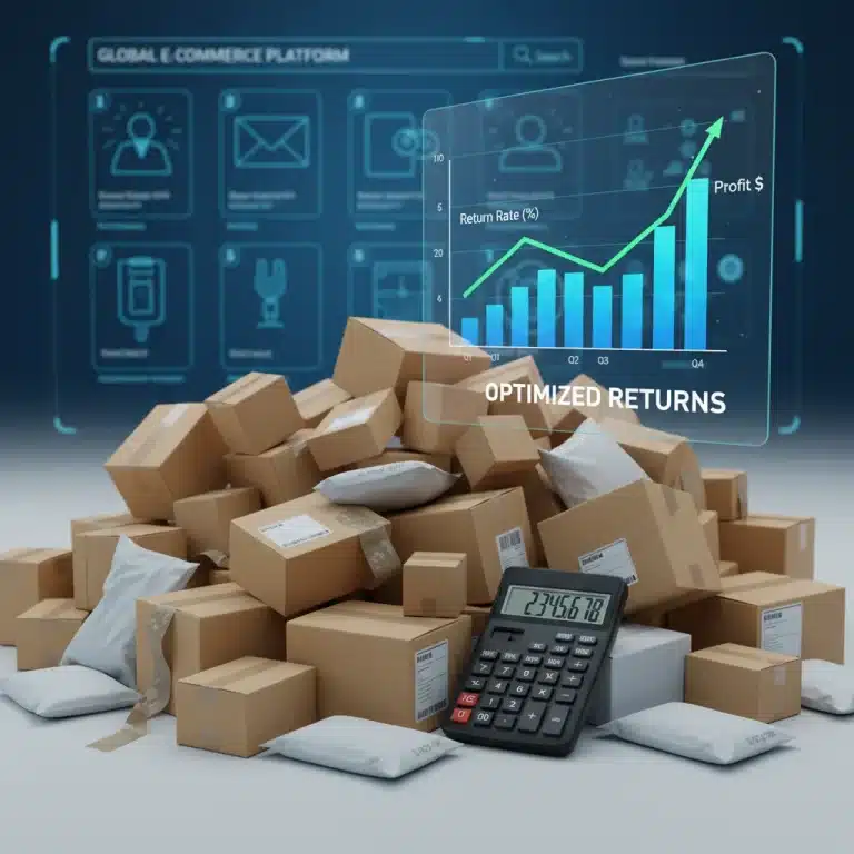 Financial impact of retail returns, showing stacked boxes and profit graphs.