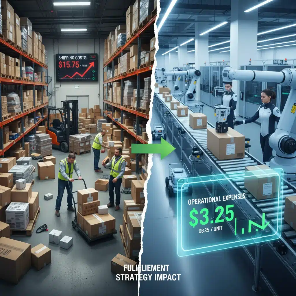 Comparison of inefficient vs. efficient fulfillment center operations.