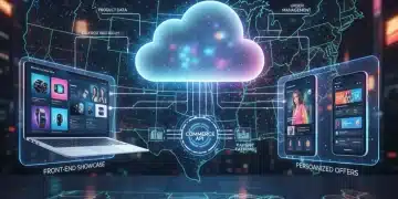Futuristic digital storefront illustrating headless commerce architecture for USA retailers.
