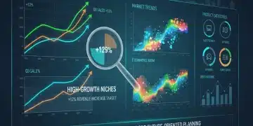 Digital dashboard showing high-growth product niches and revenue projections for US marketplaces.