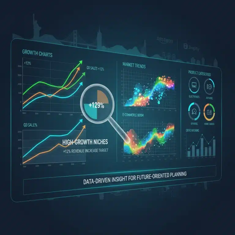 Digital dashboard showing high-growth product niches and revenue projections for US marketplaces.