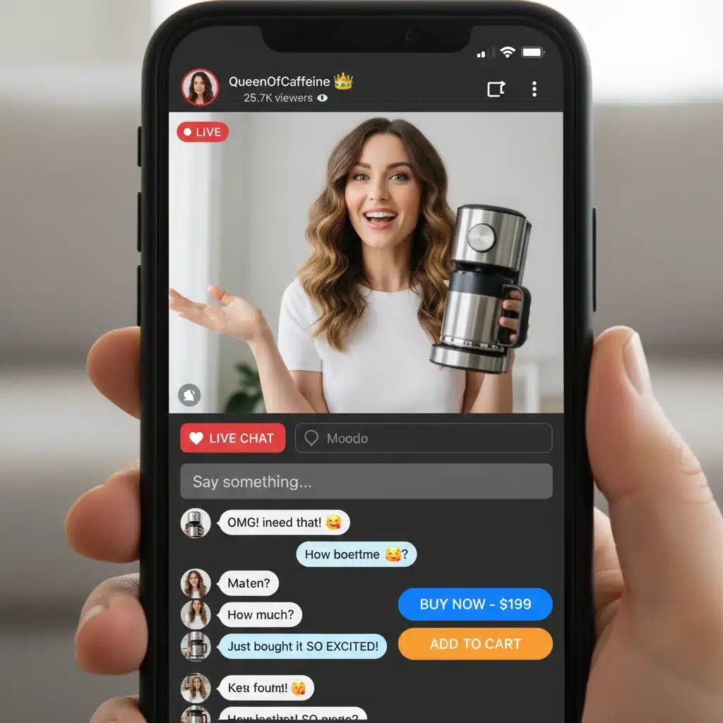 Influencer hosting a live shopping event on a smartphone, demonstrating product engagement.