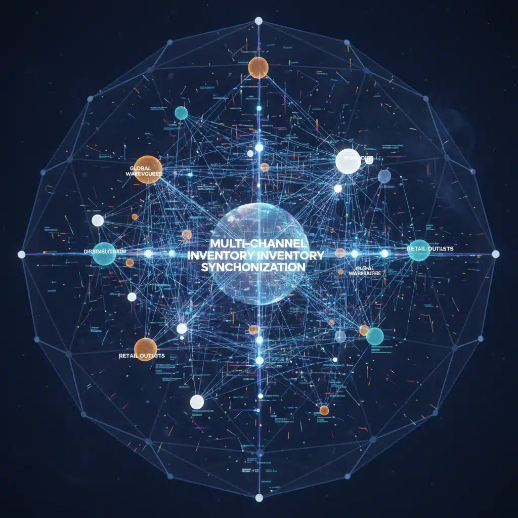 Visual representation of a multi-channel e-commerce inventory synchronization network, showing data flow.