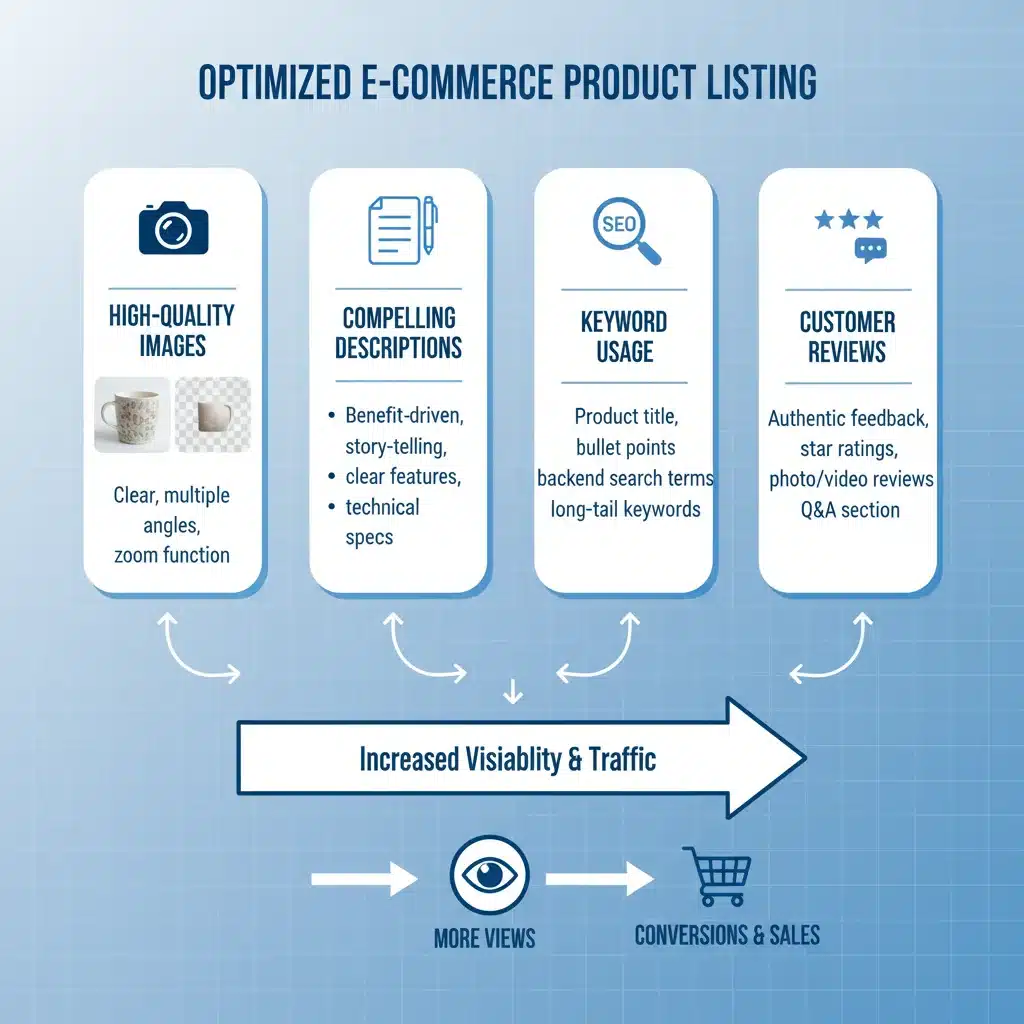 Infographic showing an optimised e-commerce product listing with key elements like images, descriptions, and keywords for better visibility.