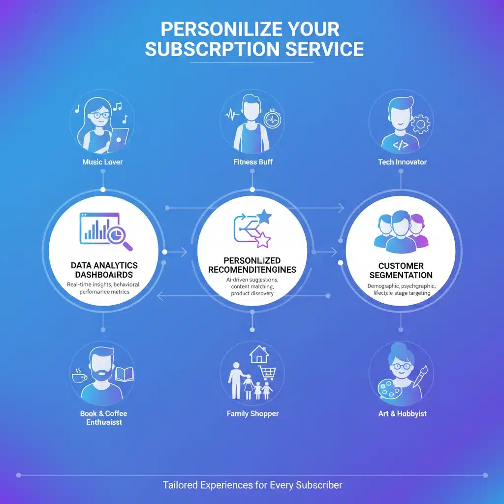 Infographic illustrating personalized subscription strategies with data analytics and customer segmentation for improved retention.