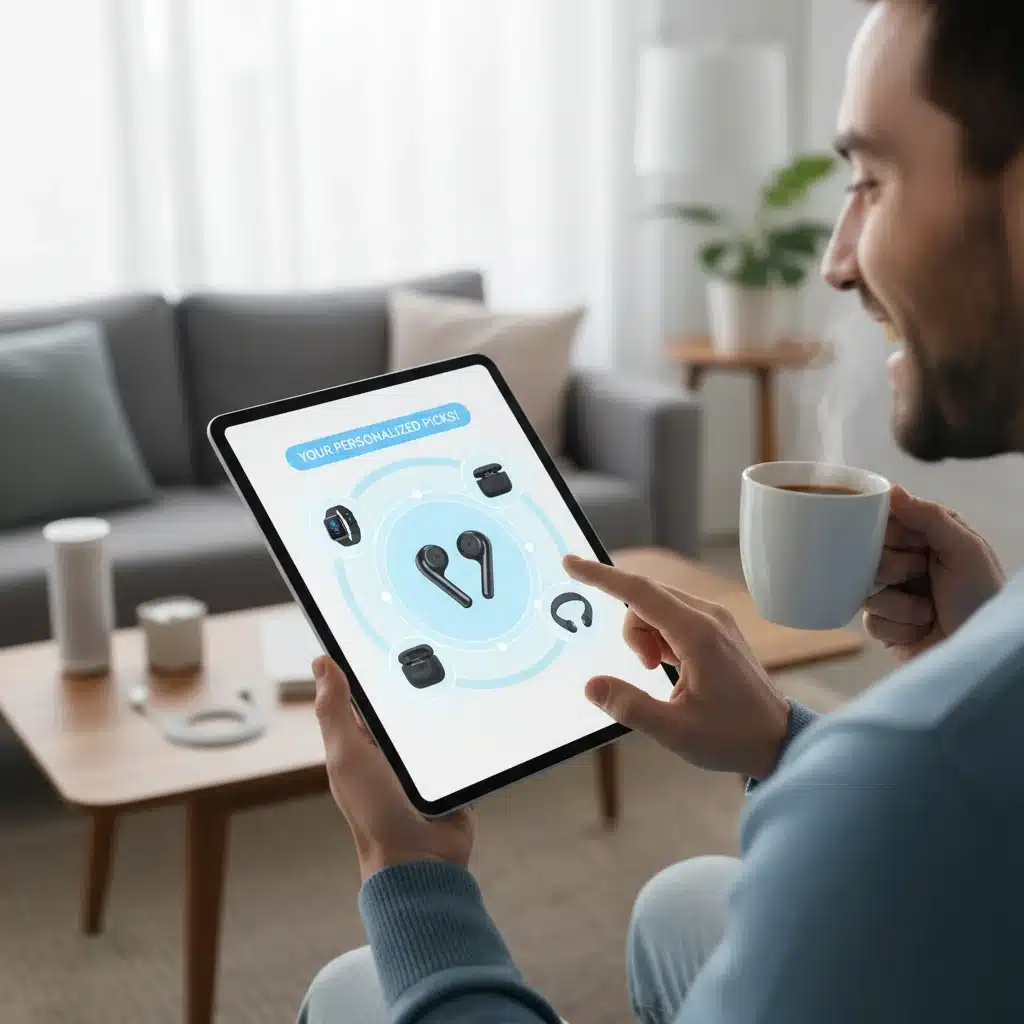Customer engaging with a personalized product recommendation carousel on an e-commerce website, highlighting effective cross-selling.