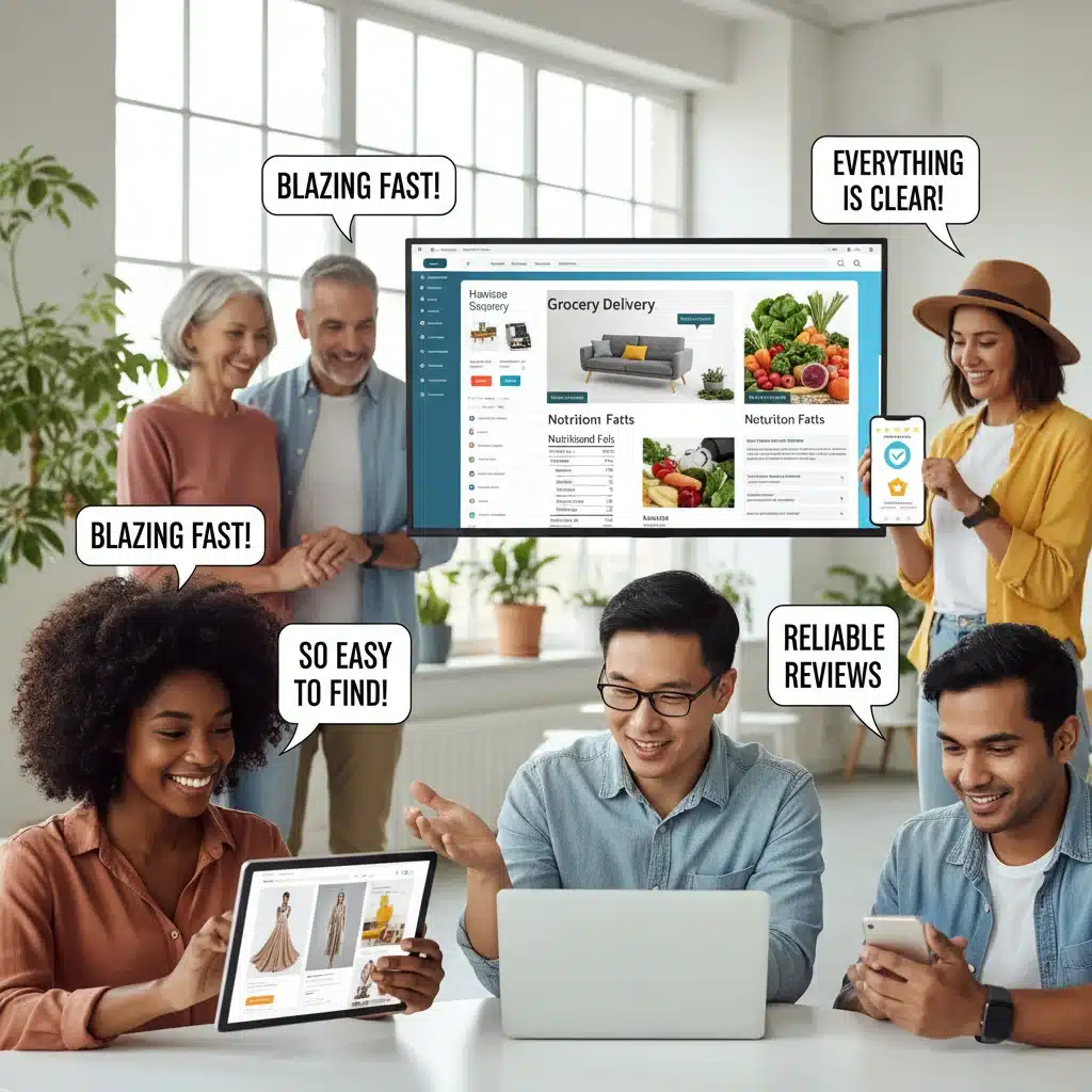 Happy online shoppers using various devices, illustrating positive customer experience with fast loading, easy navigation, and clear product details.