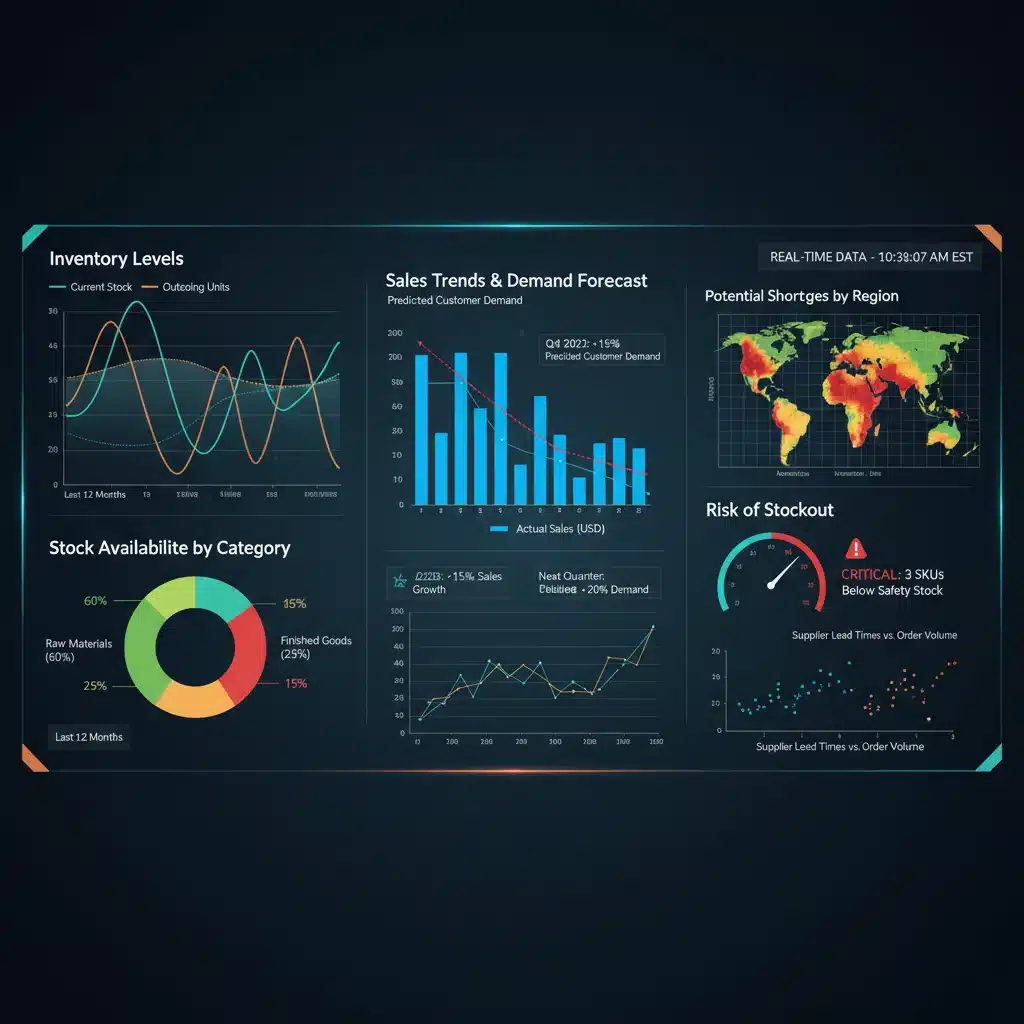Interactive digital dashboard showing real-time inventory data, sales forecasts, and stock analytics for e-commerce.