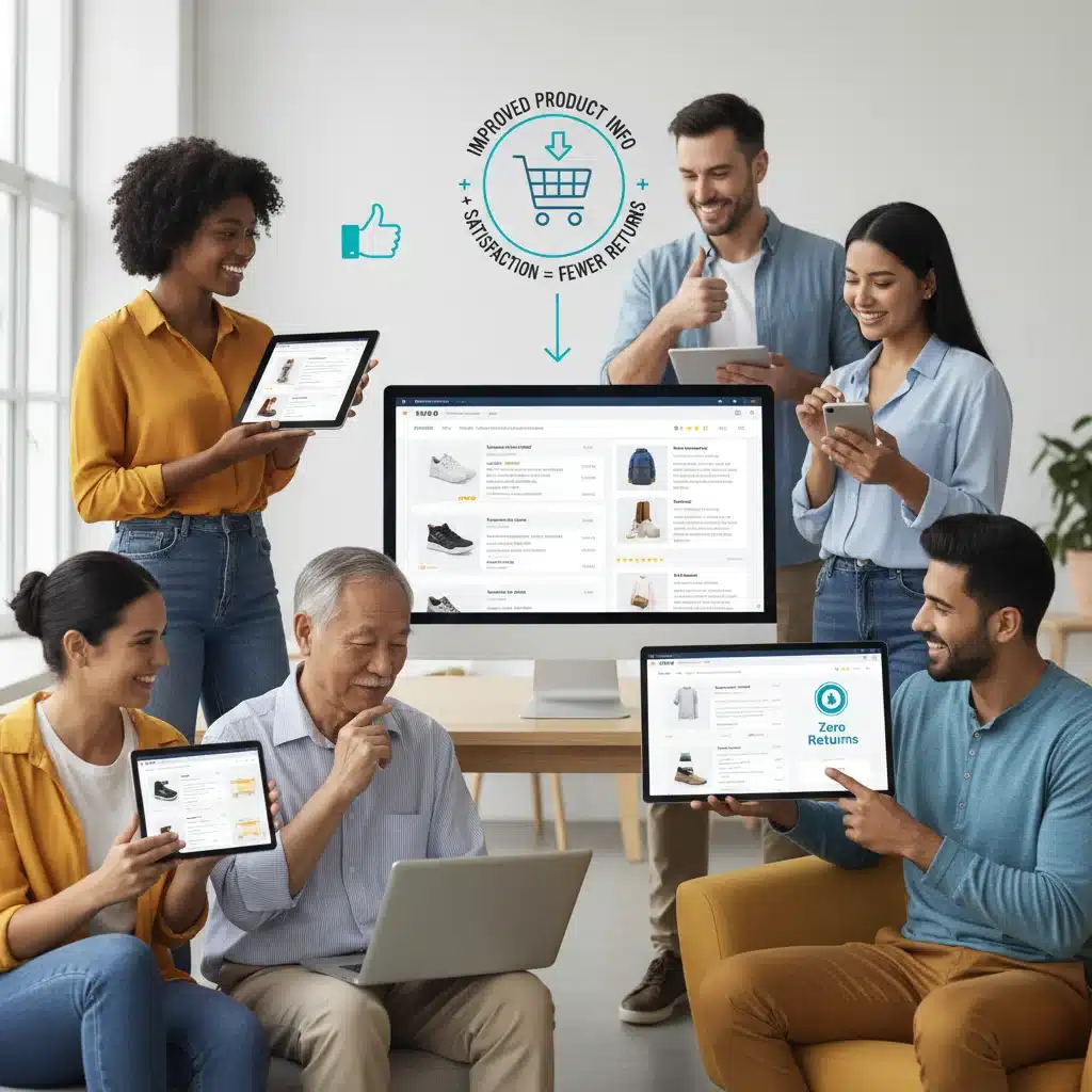 Happy customers browsing products on an e-commerce website, indicating improved product descriptions.