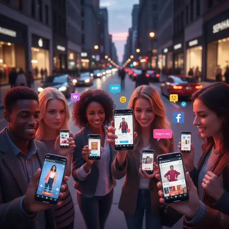 People engaging with social commerce on mobile devices, showcasing modern retail trends.