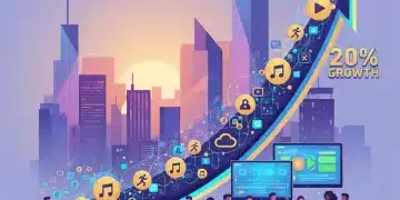 Futuristic digital subscription growth curve with US consumers interacting with various services, symbolizing 2026 market trends.
