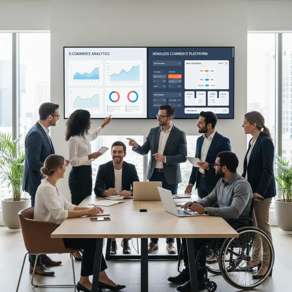 Business team collaborating on headless commerce platform analytics.