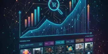 Digital marketplace interface with growth graphs and magnifying glass, symbolising increased product visibility and e-commerce success.