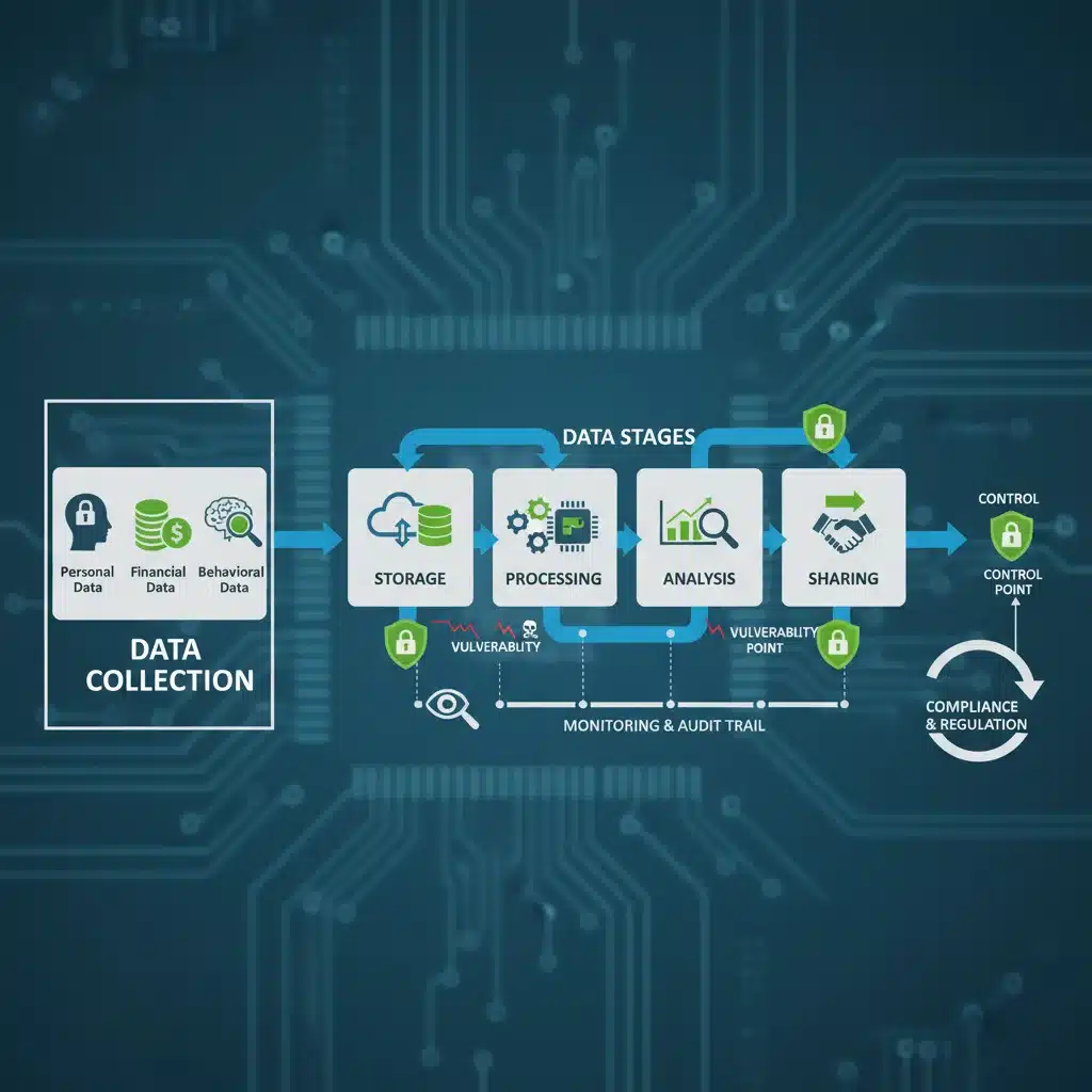 Data mapping flowchart illustrating collection, storage, processing, and sharing of different data types.
