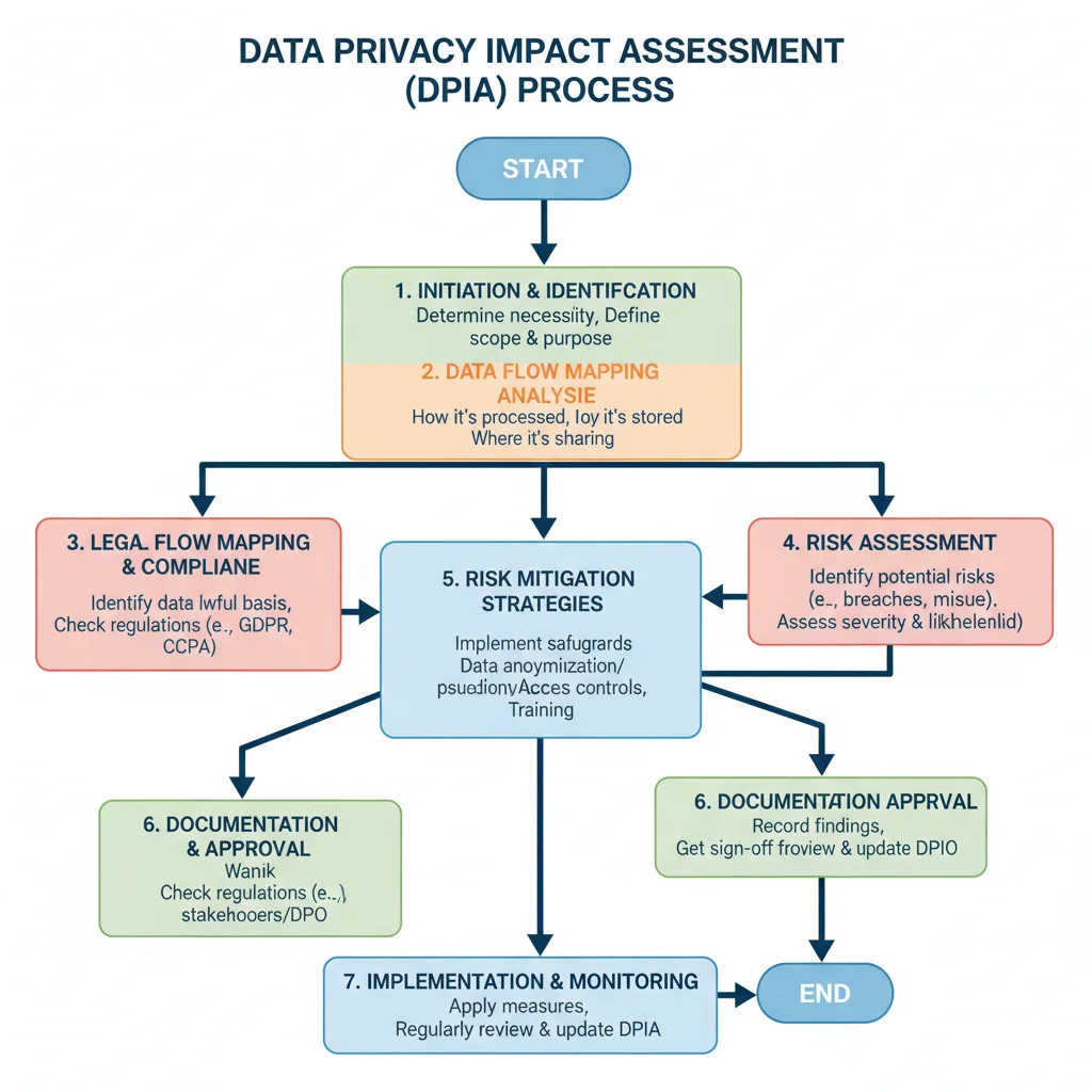 Vloei-diagram wat stappe vir 'n data privaatheid impak assessering (DPIA) in detail uitbeeld.