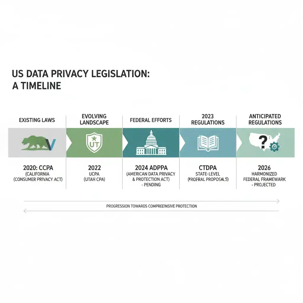 Timeline illustrating the evolution of US data privacy legislation and future regulations.