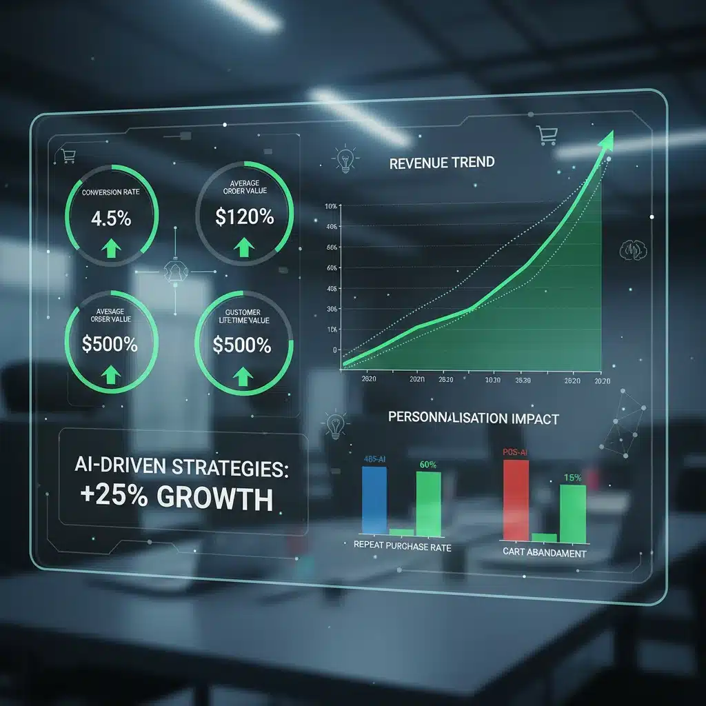 E-commerce analytics dashboard showing increased conversion rates due to AI