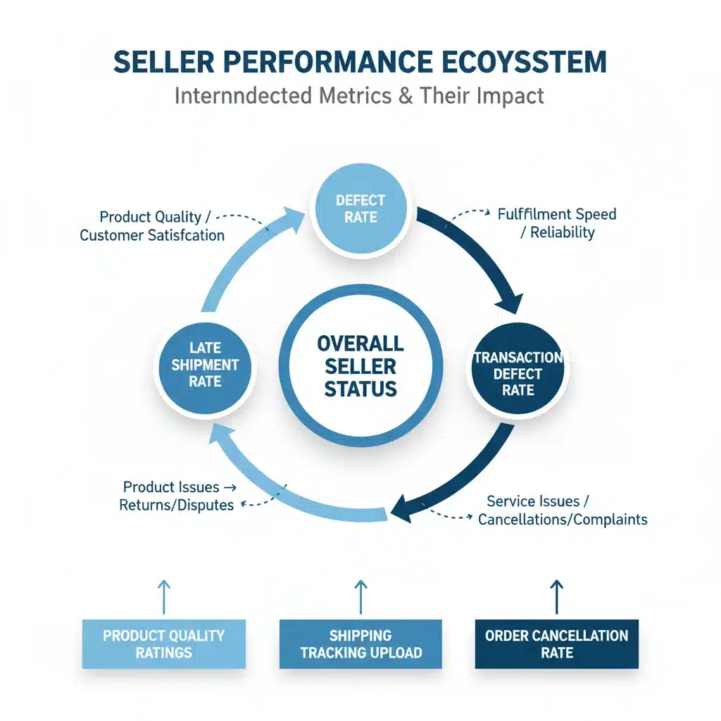 Infographic explaining interconnected eBay seller performance metrics.