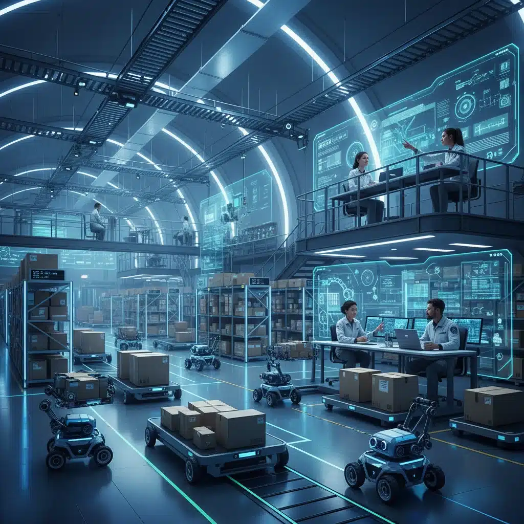 Autonomous robots and human workers collaborating in a futuristic e-commerce warehouse for efficient logistics.