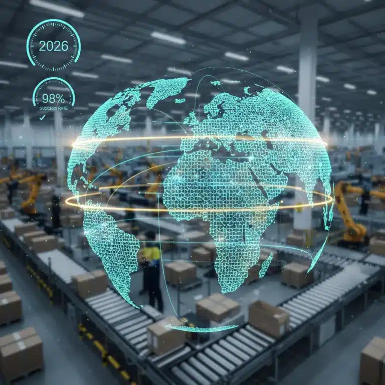 Global supply chain network with digital overlay signifying resilience and 98% on-time delivery by 2026 in US e-commerce.