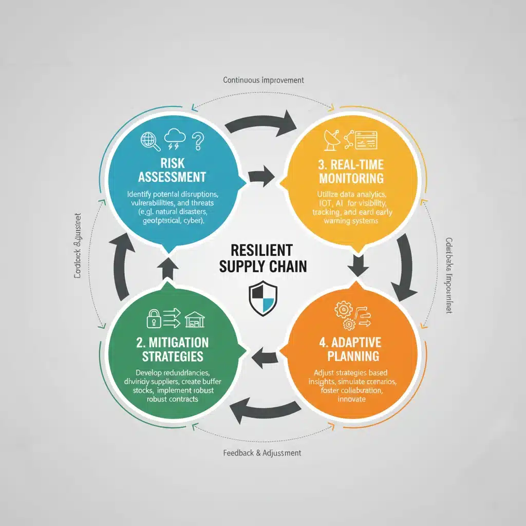 Infographic detailing resilient supply chain stages from risk assessment to adaptive planning.