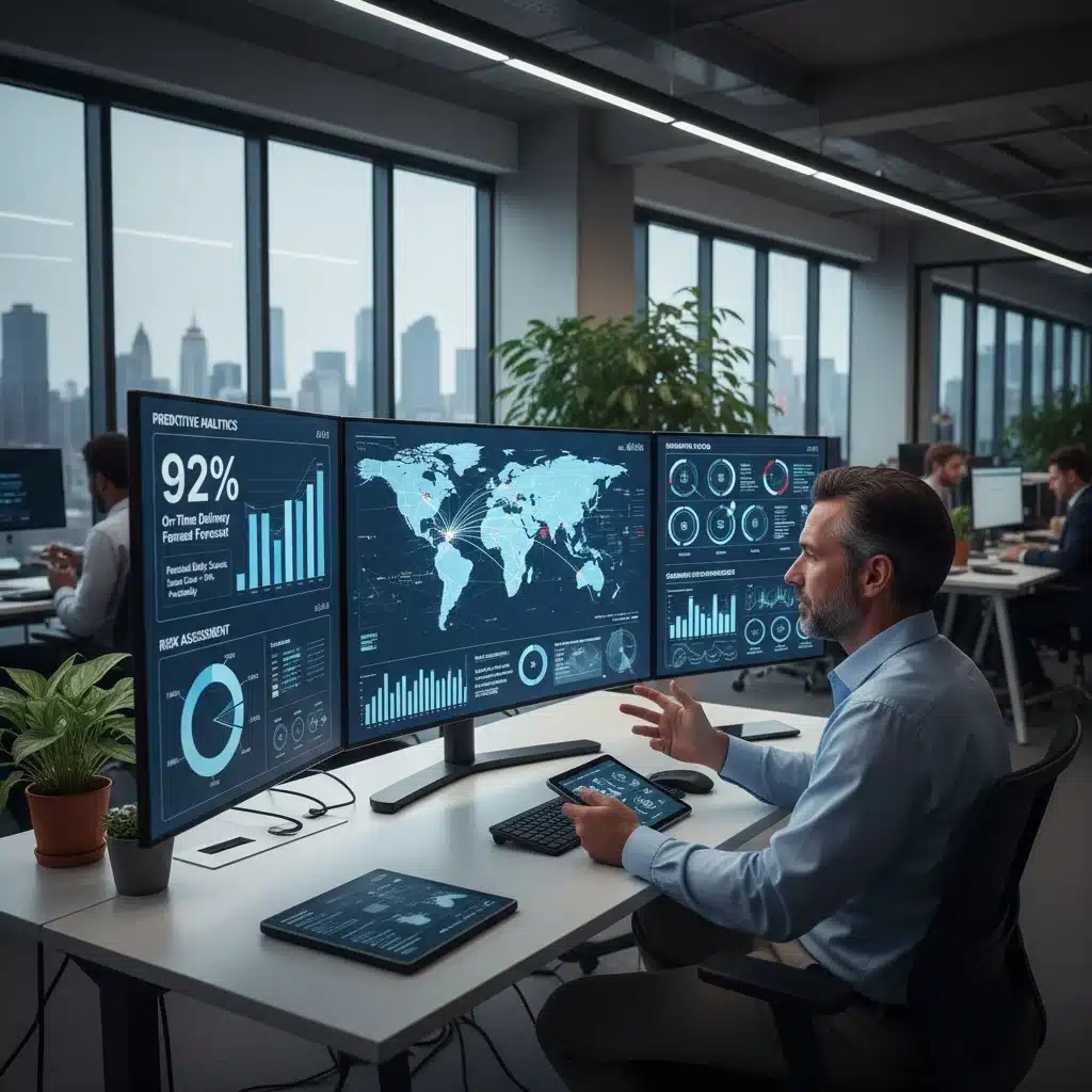 Supply chain dashboard showing real-time data and predictive analytics