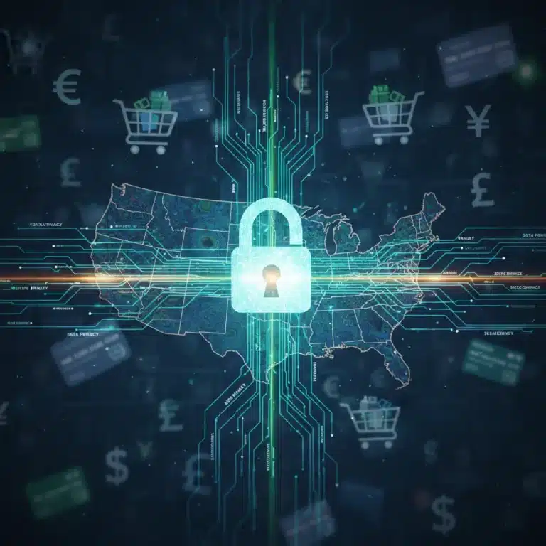 Digital lock icon over US map, symbolising data privacy regulations for e-commerce.