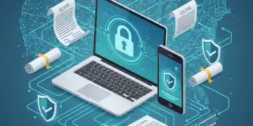 Secure data flow across devices with legal documents, representing US e-commerce data privacy compliance.