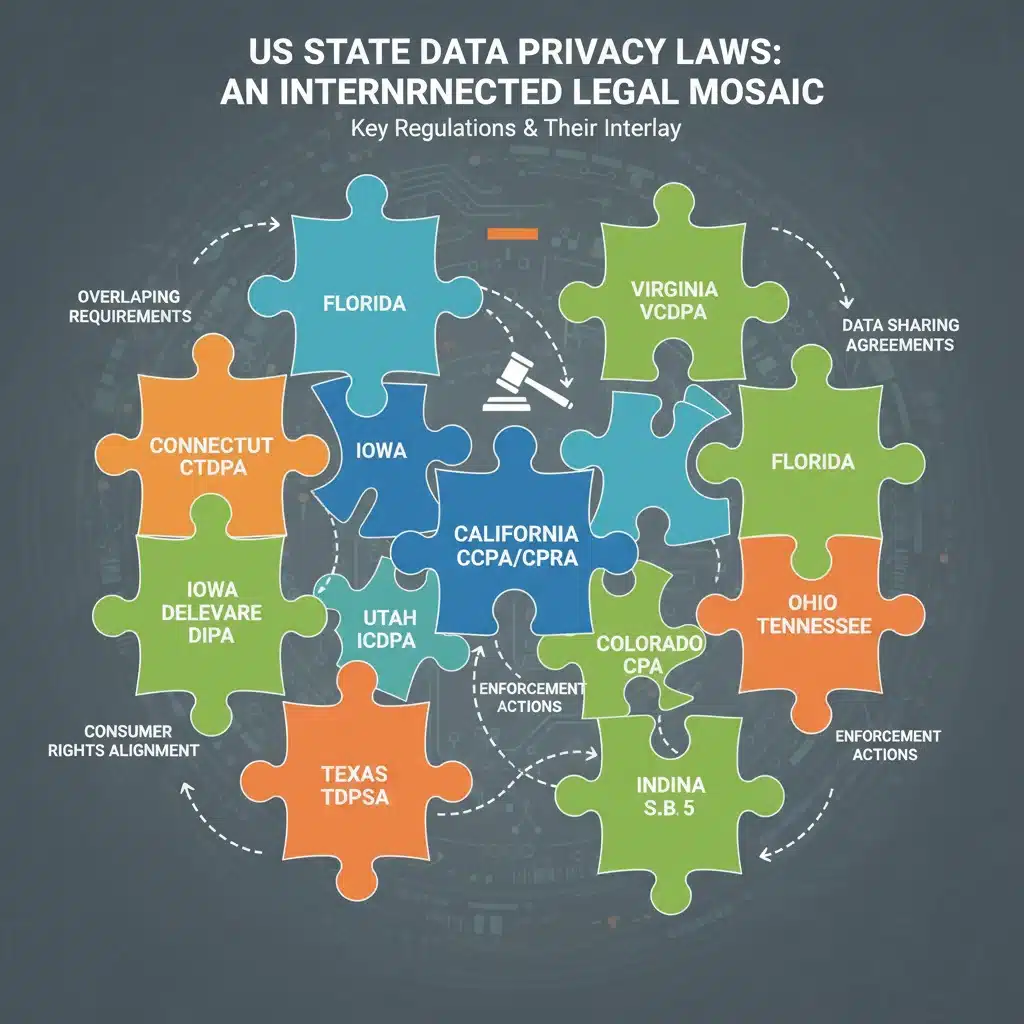 Infographic showing interconnected US state data privacy laws like CCPA, VCDPA, and CPA.