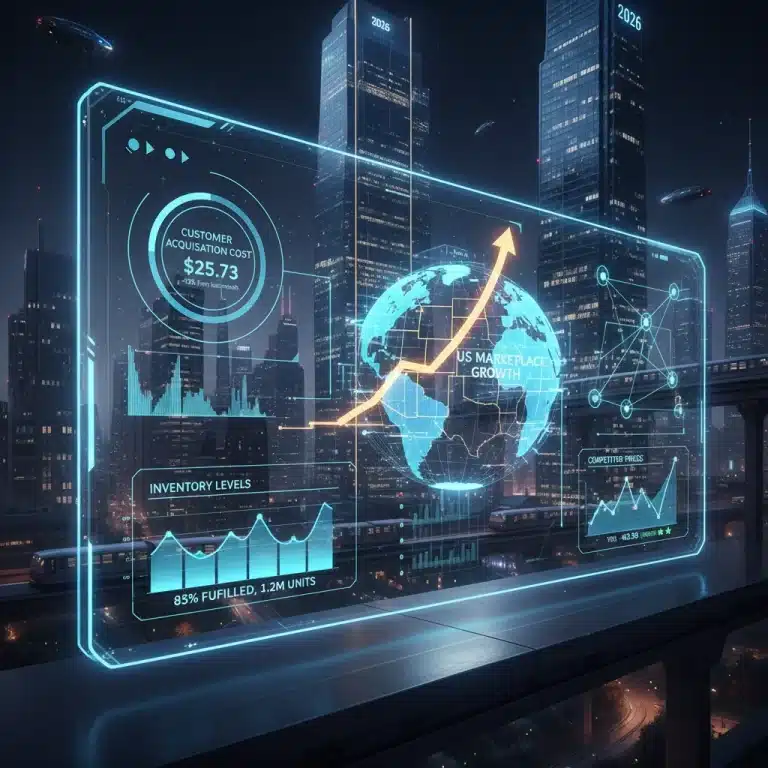 Futuristic e-commerce dashboard showing critical data points for US marketplace sellers in 2026.