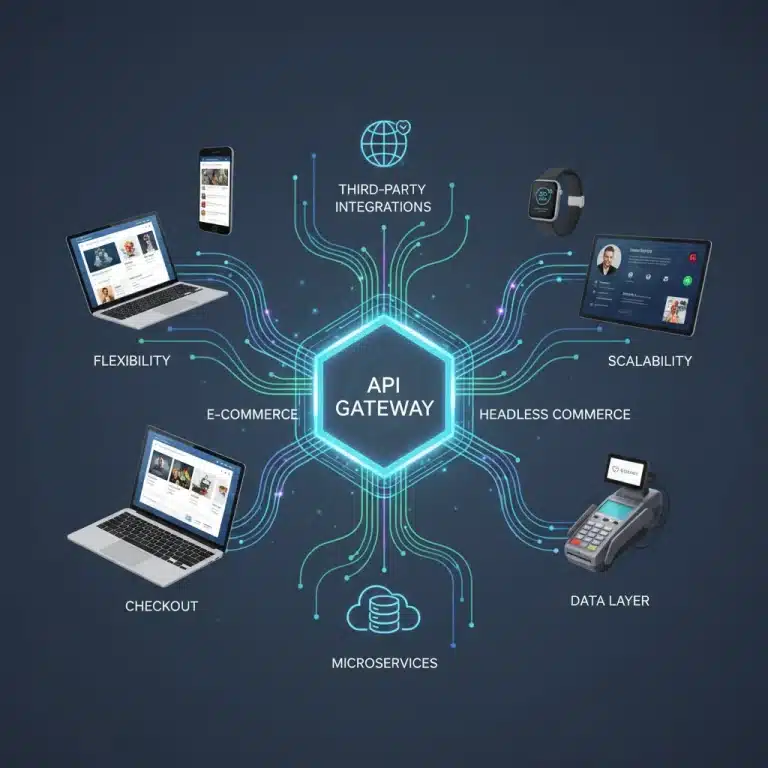 API-first e-commerce architecture showing interconnected digital components for scalability and cost reduction.