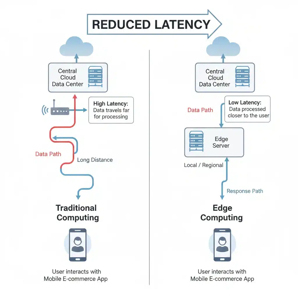 Comparison of traditional cloud vs. edge computing architectures for faster e-commerce data processing.