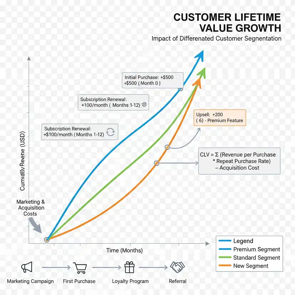 Customer Lifetime Value (CLV) calculation and impact graph for e-commerce businesses.