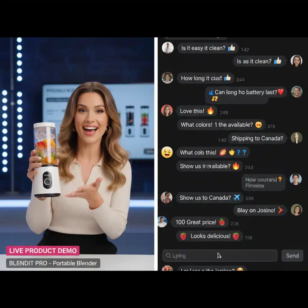 Live shopping host demonstrating product with interactive chat