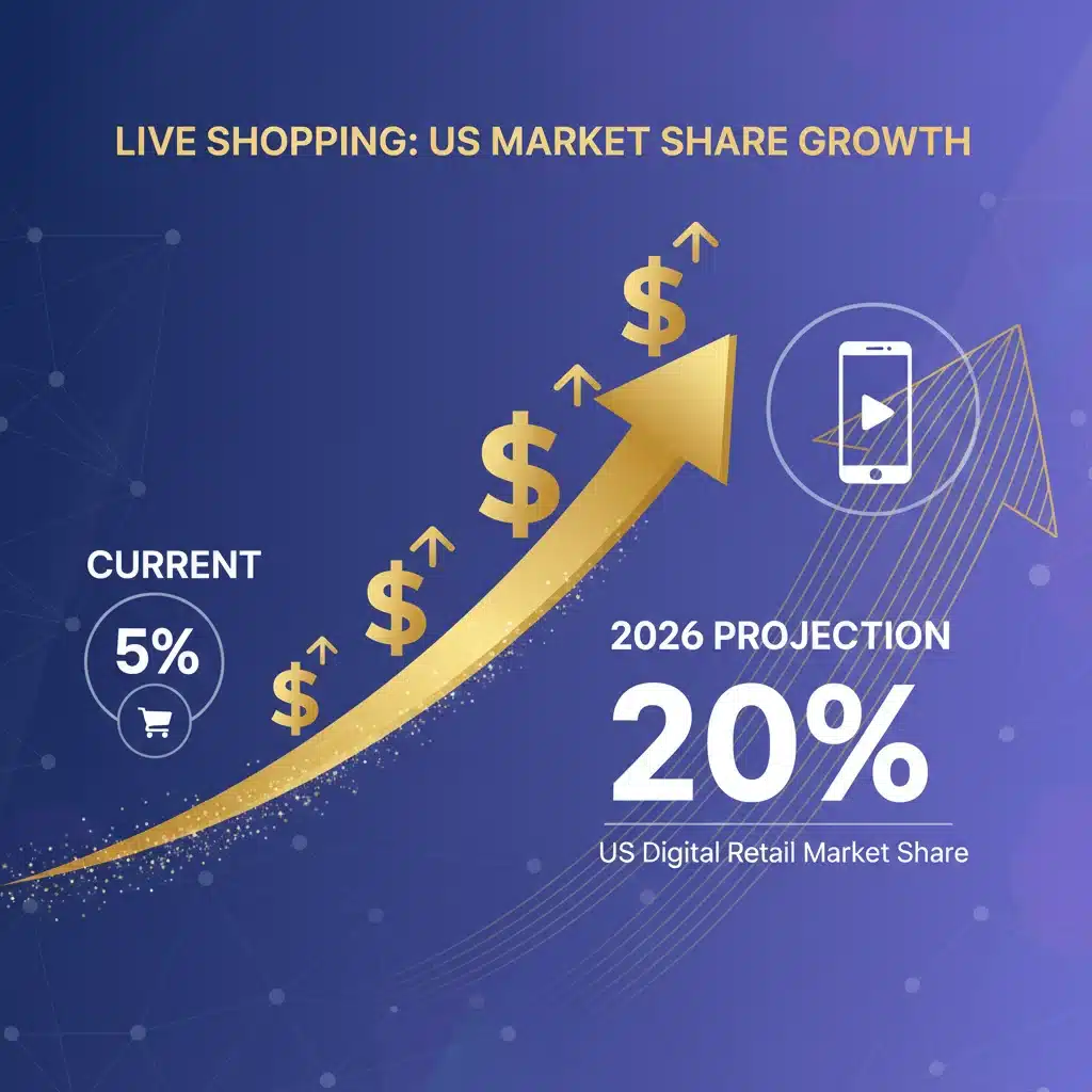 Infographic showing live shopping market share growth to 20% by 2026