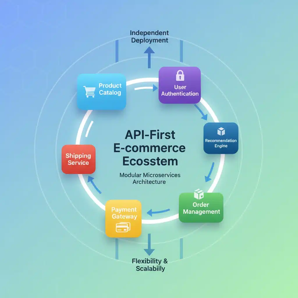 Infographic depicting modular microservices architecture in API-first e-commerce.